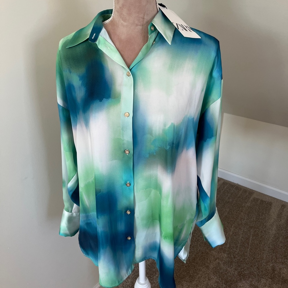 NWT Zara Oversized Tie Dye Gold Collared Button Down Flowy Shirt Women’s Size XS